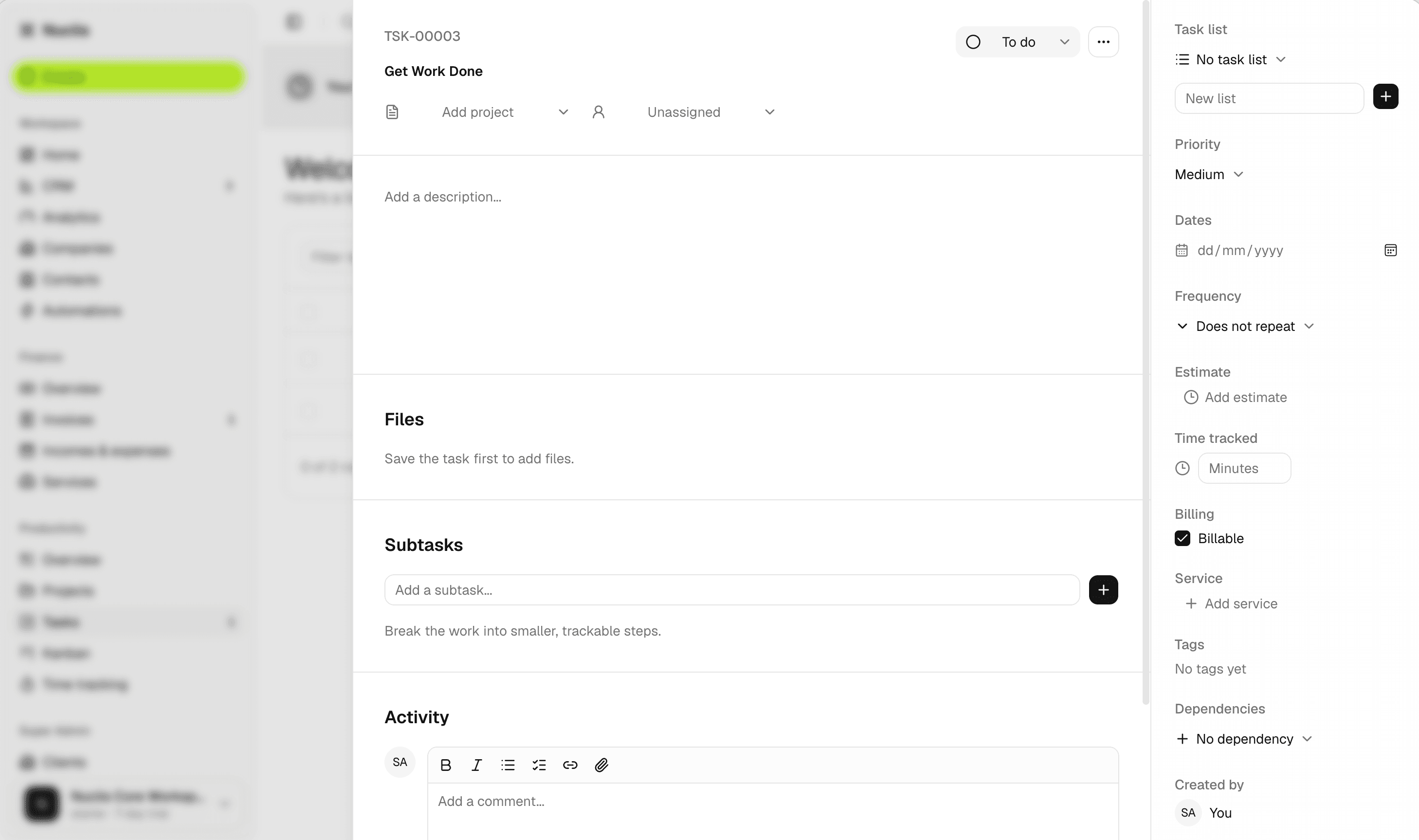 Nuclis task detail view with subtasks, activity, billing, and task metadata