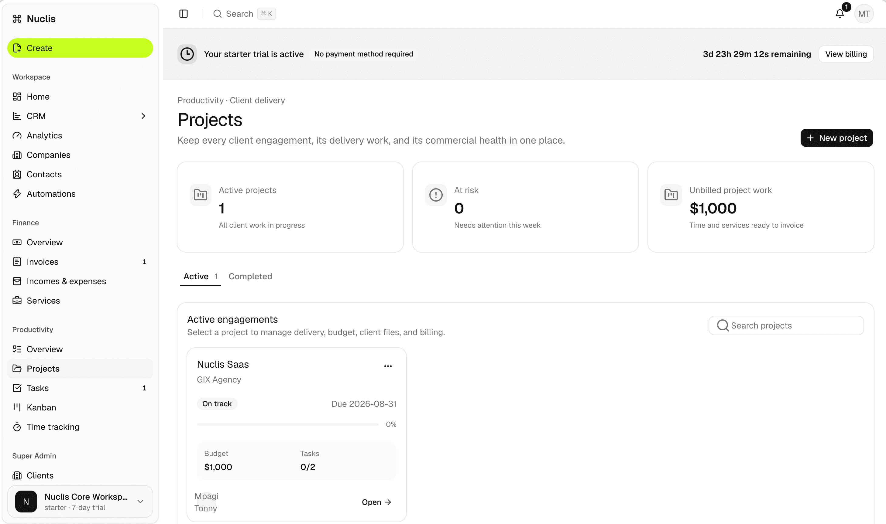 Nuclis Projects overview showing active client engagements and project health